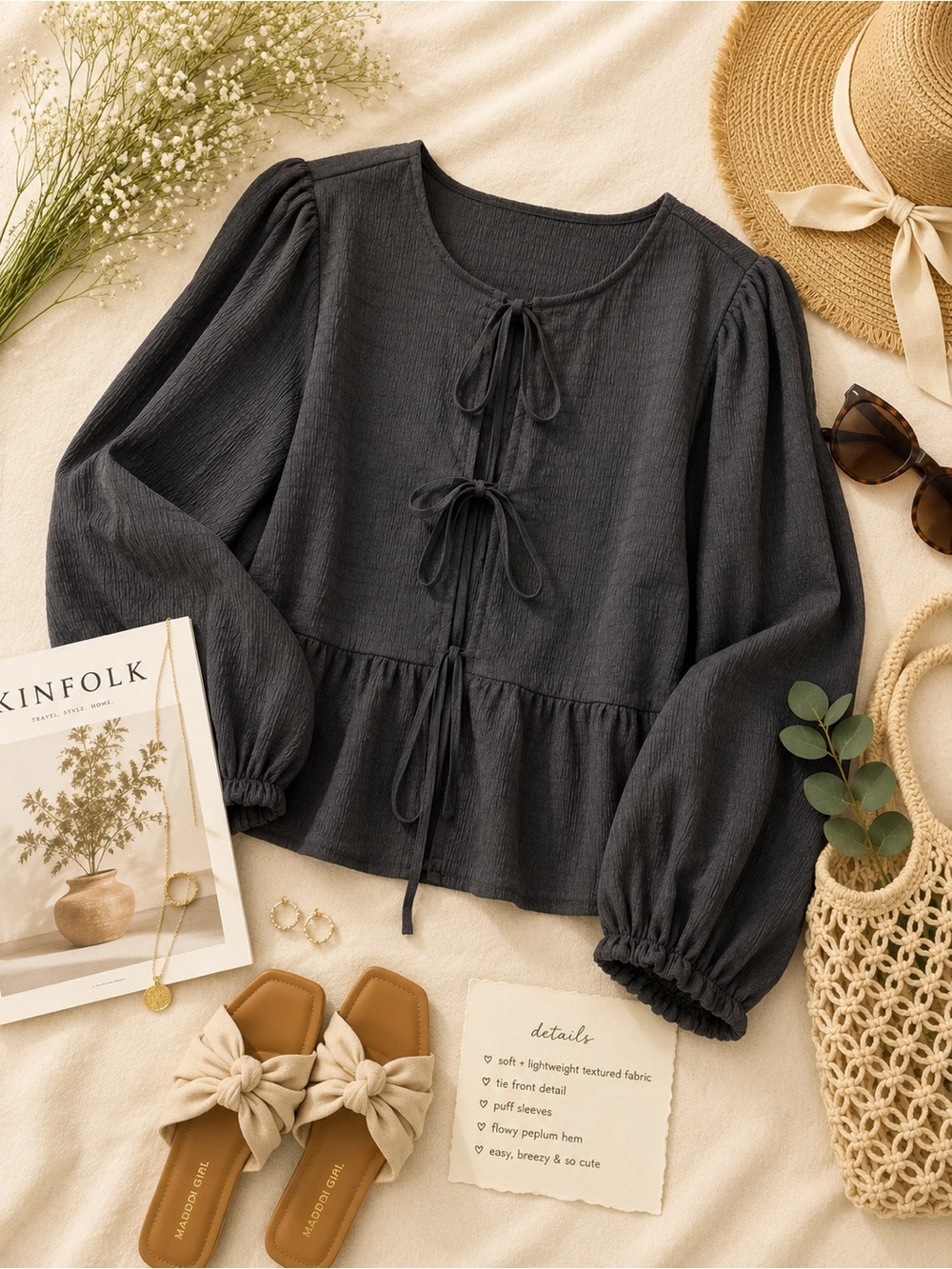 Shein Curve Charcoal Black Tie Front Peplum Blouse 2XL Boho Cottagecore
